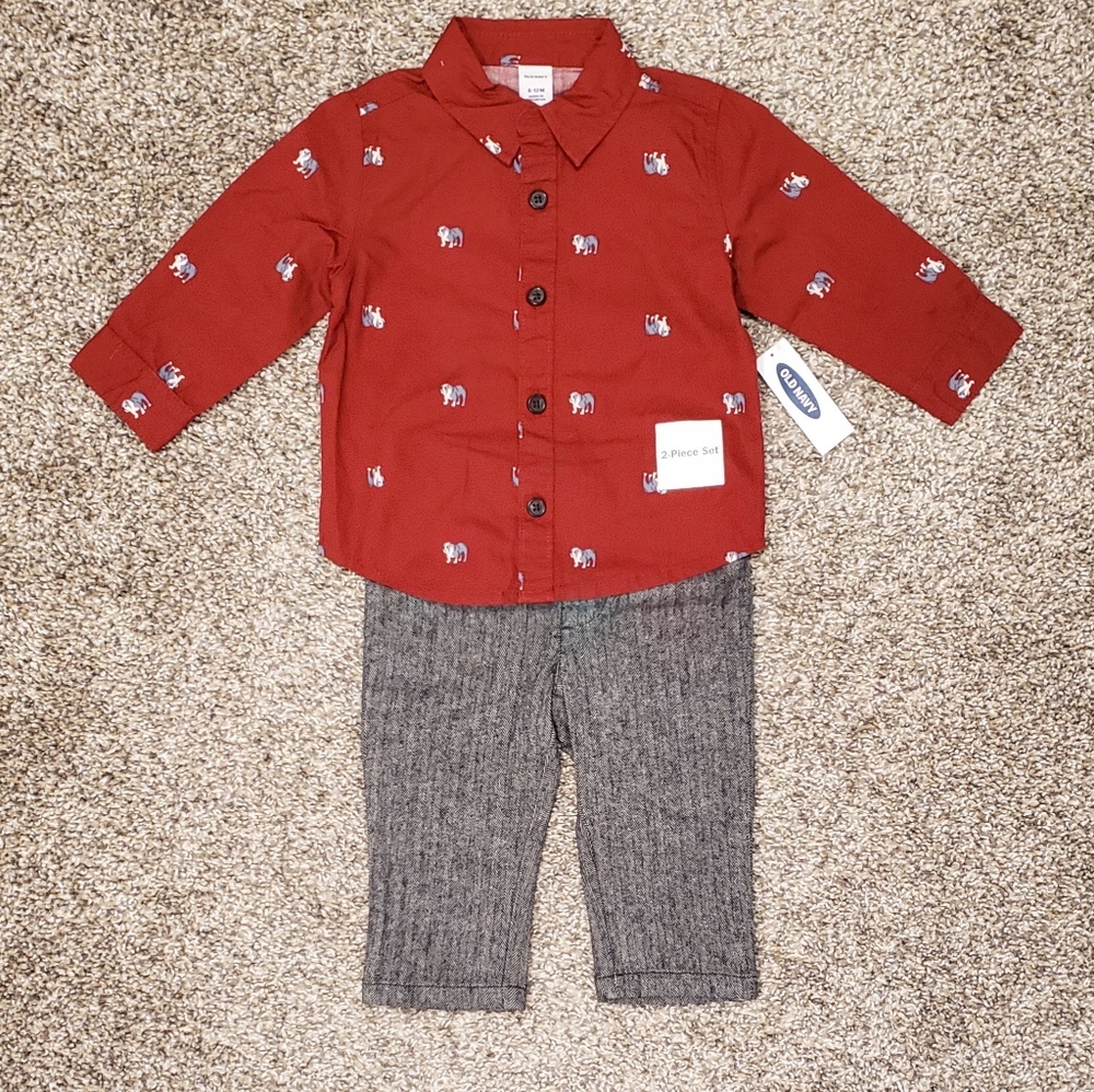 Old Navy 2pc Dog Print Button Down Shirt + Pants Set 6-12m Outfit